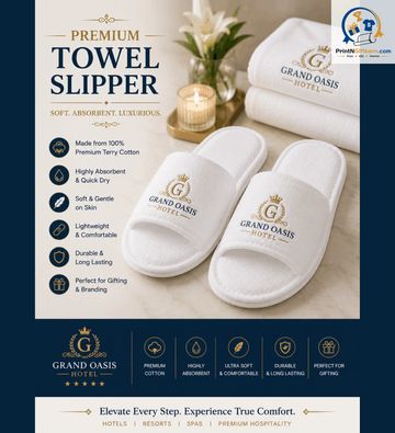 Luxurious white towel slippers from Grand Oasis Hotel, soft and highly absorbent.