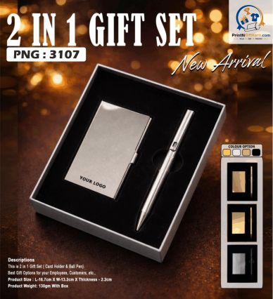 PNG 3107 Premium Metal Card Holder & Executive Pen Gift Set – 2 in 1 Corporate Gift Set (Silver)