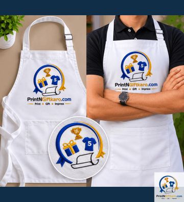 White apron with colorful custom logo print for PrintNGiftkaro.com.