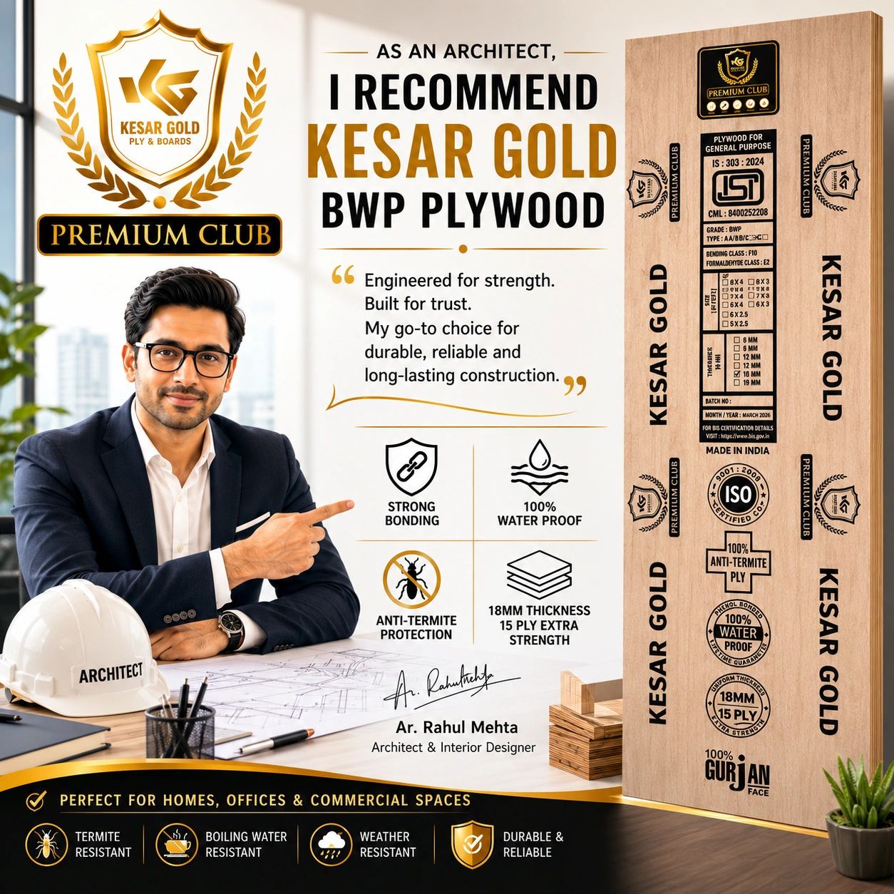 Architect recommends Kesar Gold BWP Plywood for strength and durability.
