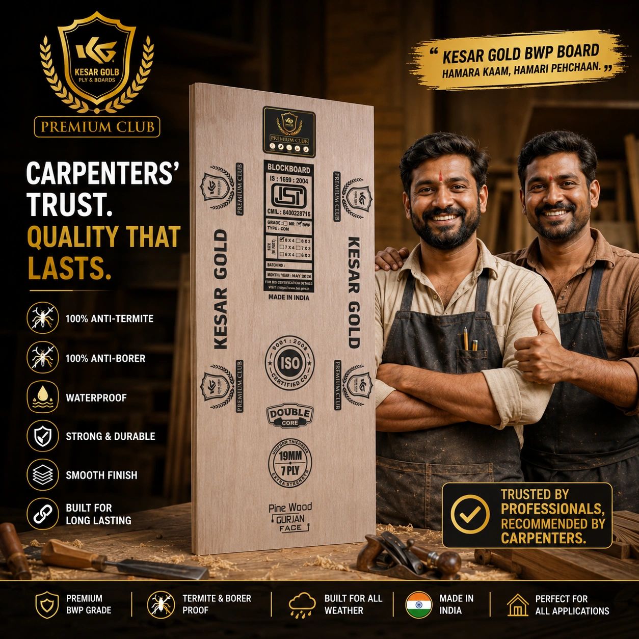 Two smiling carpenters endorse Kesar Gold plywood, highlighting its quality and durability.