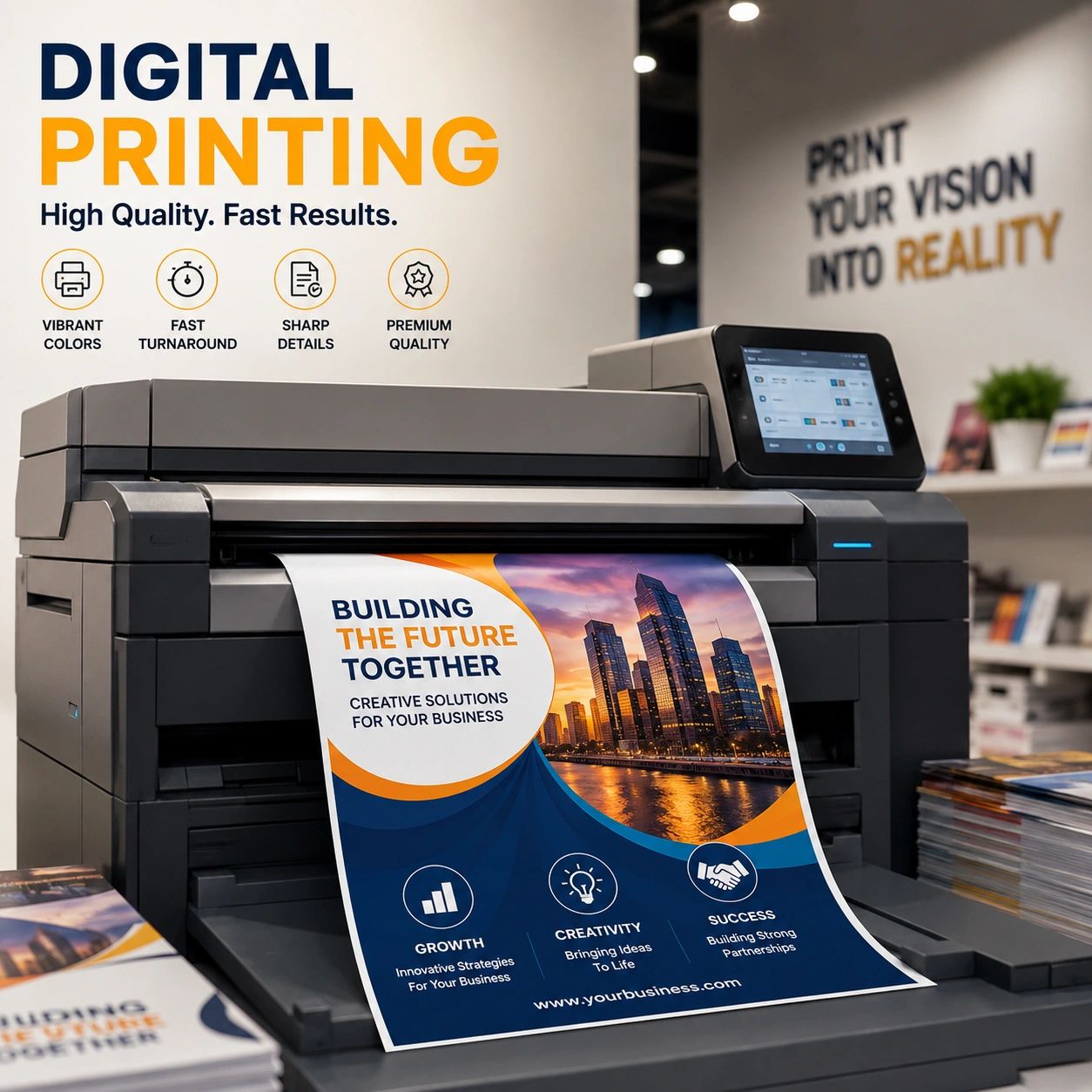 A high-quality digital printer producing vibrant business posters with sharp details.