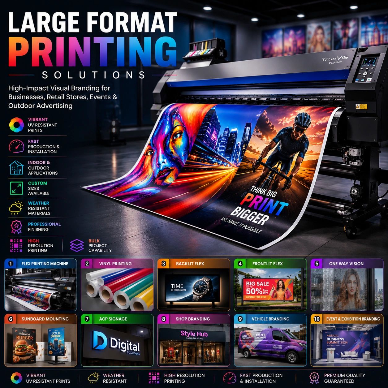 Large format printing solutions for vibrant, weather-resistant, high-resolution prints.