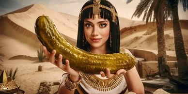 A woman dressed as an ancient Egyptian holds a giant pickle in a desert setting.