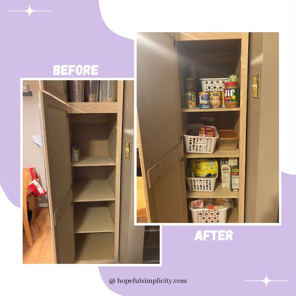 Side by side image of cluttered pantry to organized food space.  