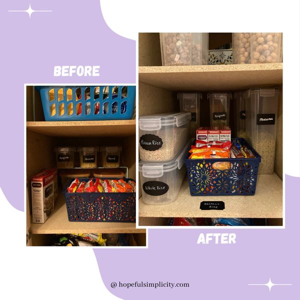 Side by side image of cluttered pantry shelf to organized food space.  