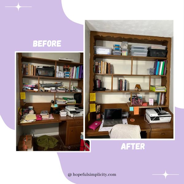 Side by side image of cluttered home office desk to organized space.  