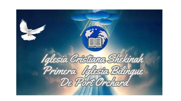 Logo of a bilingual Christian church with a dove and divine light.