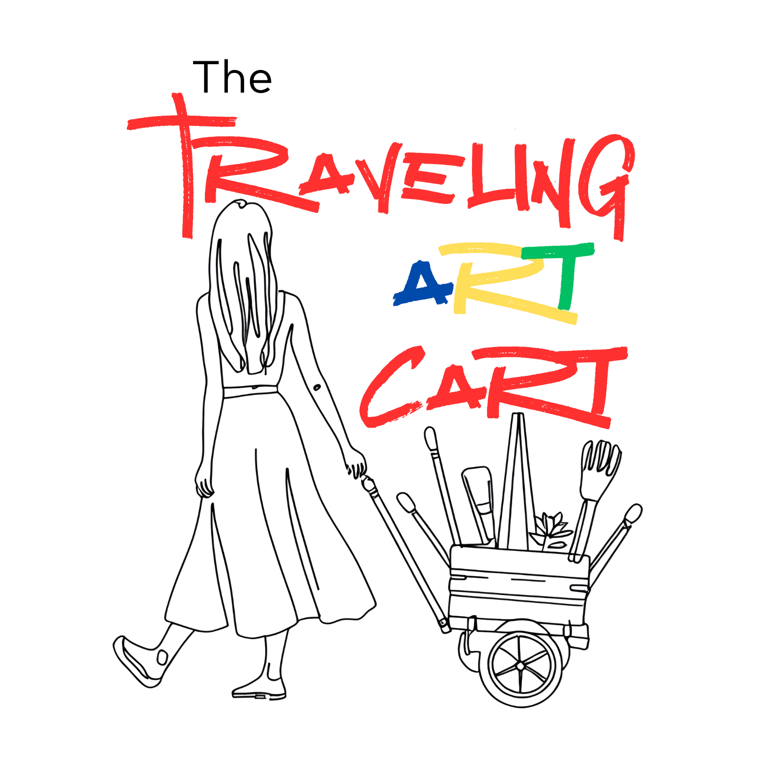 Sketch of a woman pulling a cart filled with art supplies with colorful text.