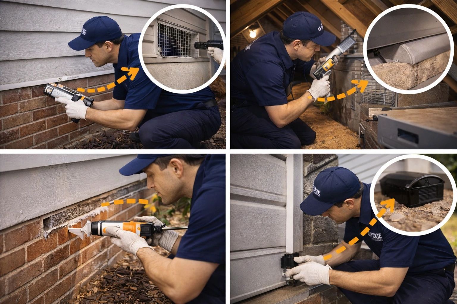Pest control technician inspecting and treating a house exterior and attic.