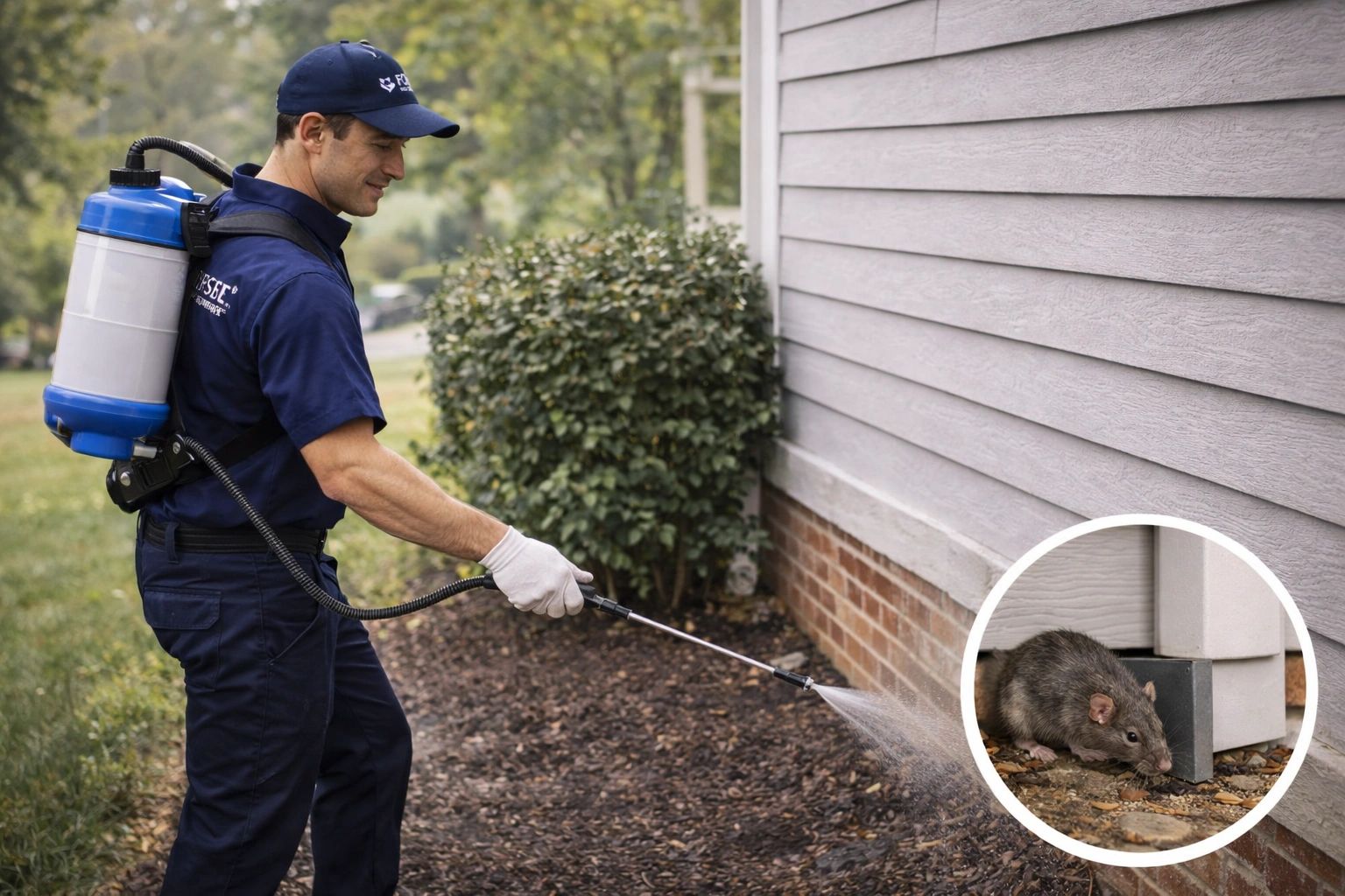 Pest control technician sprays pesticide near a house with a rat nearby.