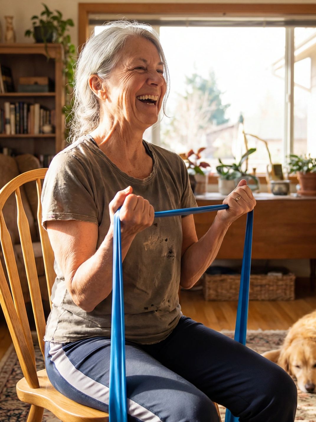 Elderly woman joyfully exercising with resistance band at home.