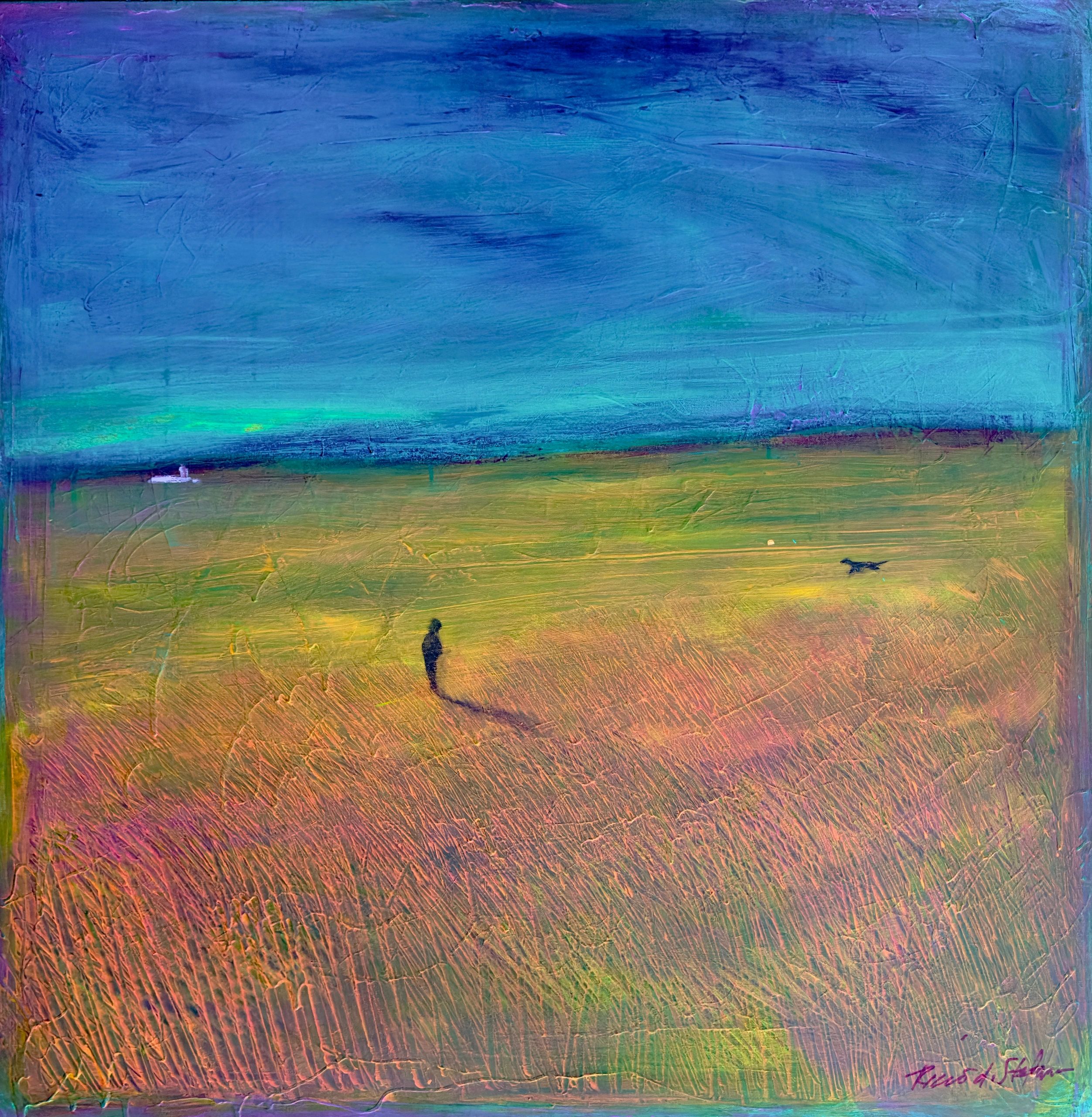 A person in a field welcoming their dog from a distance. Farmland landscape.