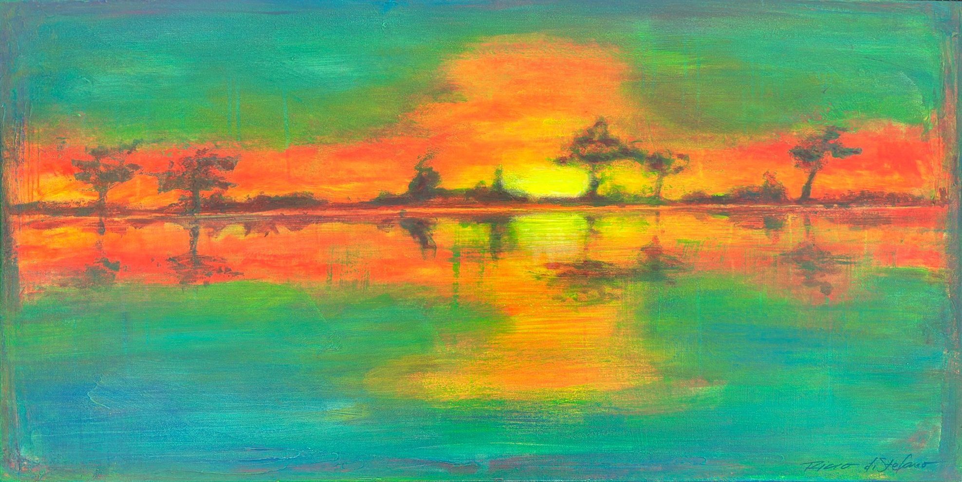 Original art, acrylic on canvas, Ricco DiStefano, Ricco Distefano art, snow art, sunset art, 