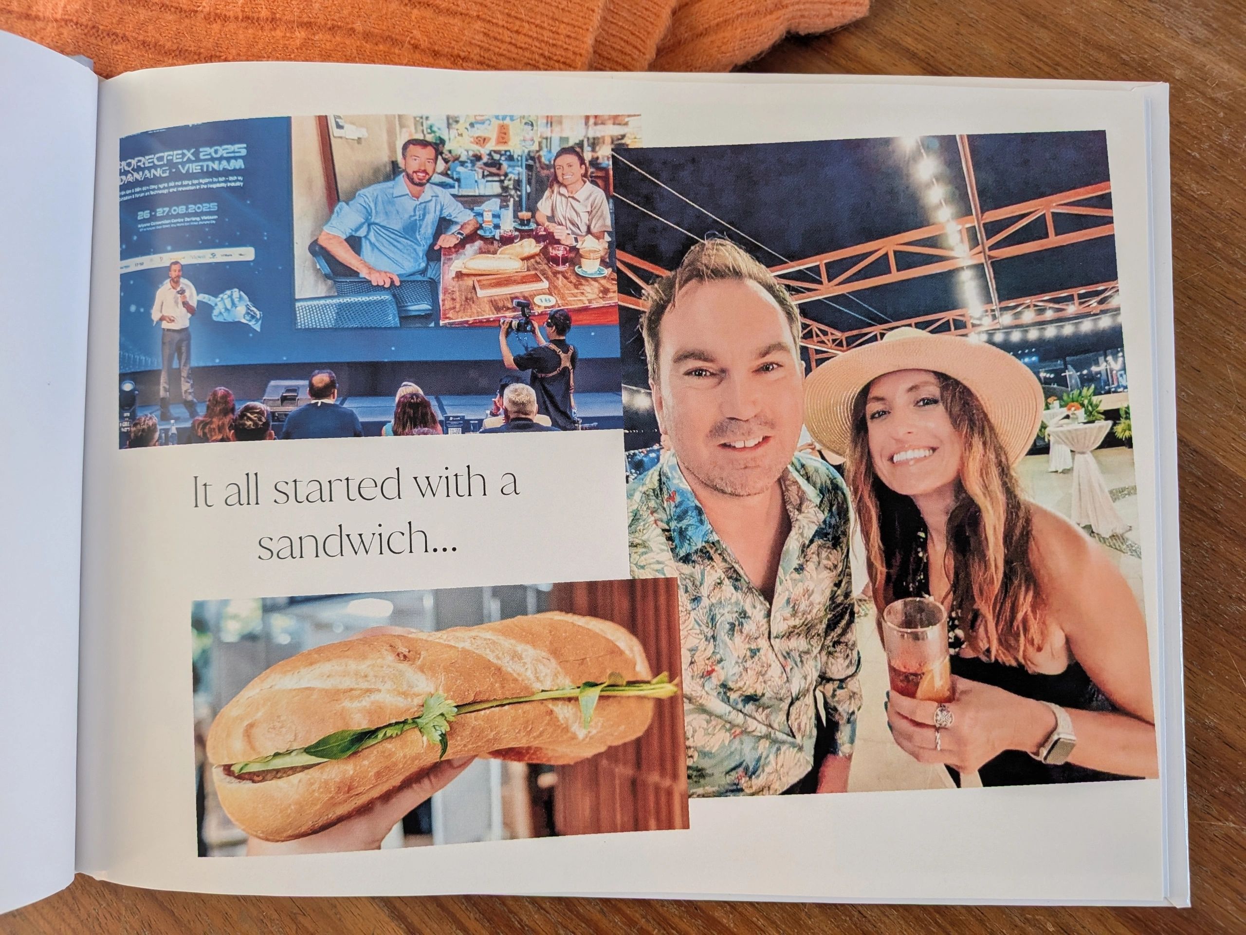 A collage of moments with a sandwich, a couple, and a presentation event.