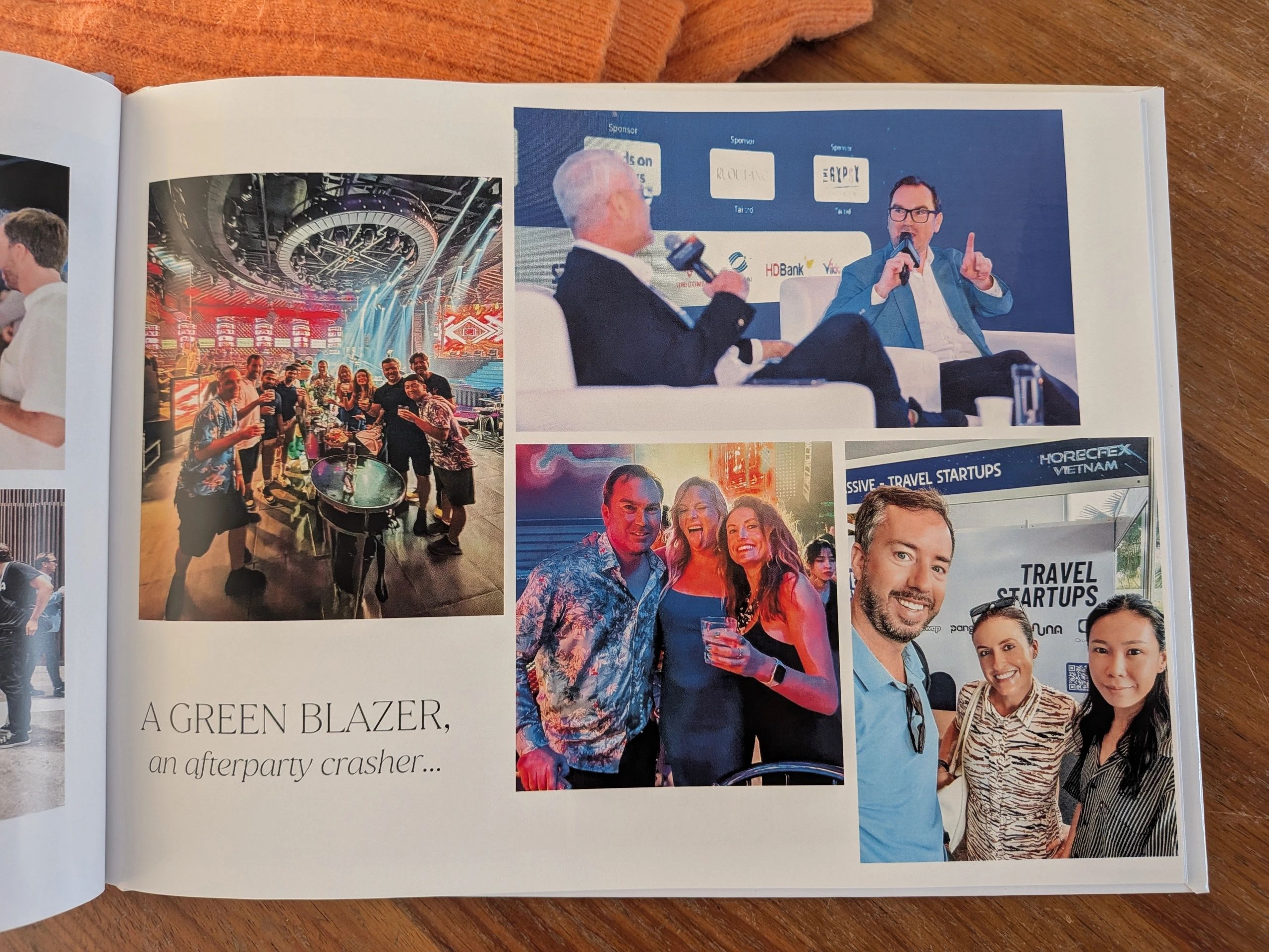 A collage of event photos showing social gatherings and a panel discussion.