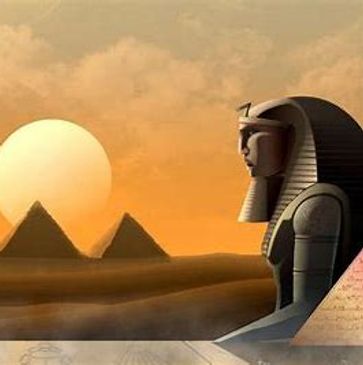 Sunset over Egyptian pyramids with a large sphinx statue.