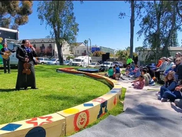 Musician performs on a grassy stage for a seated outdoor audience.