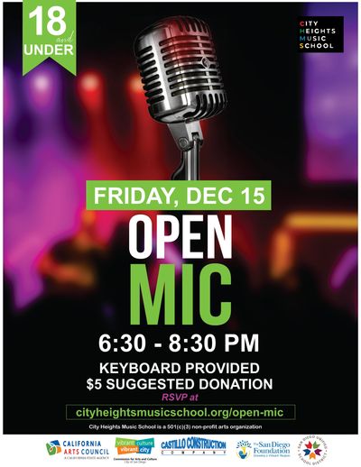 Open mic night for 18 and under at City Heights Music School on Dec 15.