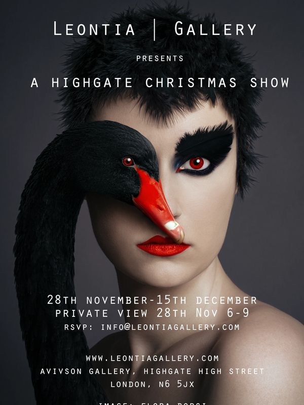 Portrait with a black swan and bold makeup for Highgate Christmas Show.