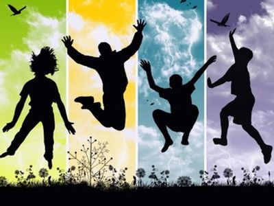 Silhouettes of people jumping joyfully against colorful vertical backgrounds with birds flying above.