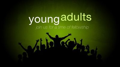 Silhouetted crowd with raised hands under 'young adults' fellowship invitation.