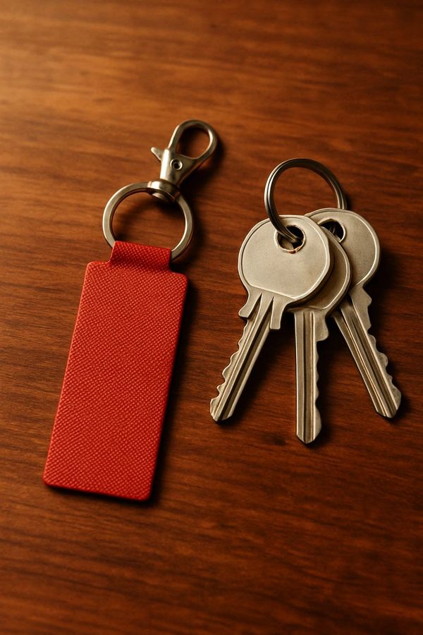 A set of three keys and a red keychain on a wooden surface.
