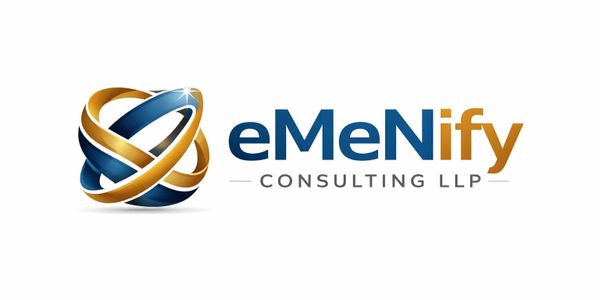Logo of eMeNify Consulting LLP with a modern blue and gold design.