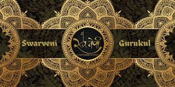 Elegant gold mandala design with 'Swarveni Gurukul' text on a dark background.