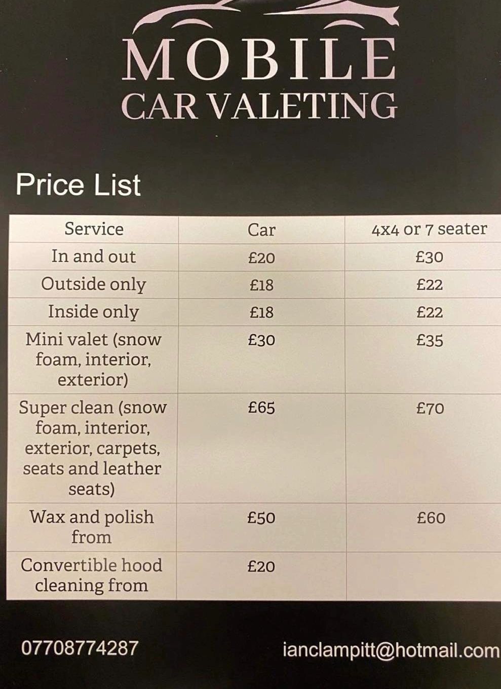 Price List Mobile Car Valeting