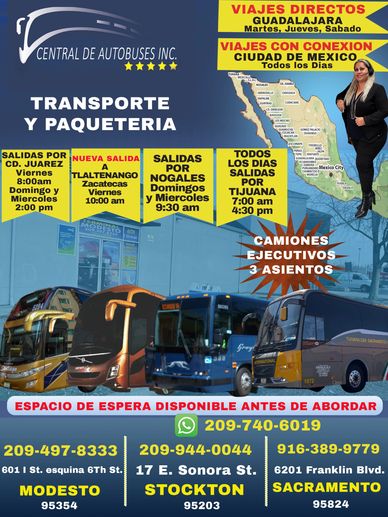 Autobús y paquetería con salidas a varias ciudades mexicanas y americanas.