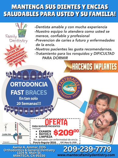 An advertisement for family dentistry offering fast braces, implants, and emergency appointments.