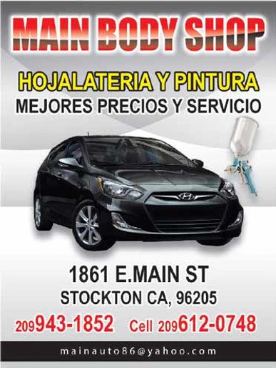Advertisement for Main Body Shop offering auto bodywork and painting services in Stockton, CA.