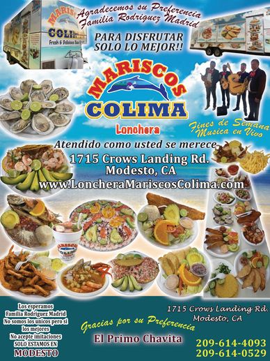 Mariscos Colima food truck offering fresh seafood and live music in Modesto, CA.