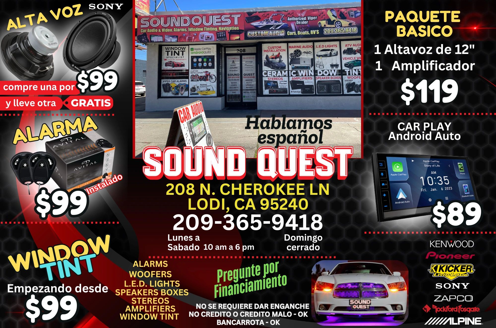 Advertisement for Sound Quest car audio and alarm services in Lodi, CA, with special offers and financing options.