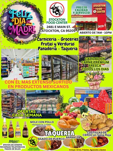 An advertisement for Stockton Food Center featuring Mexican products and Mother's Day greetings.