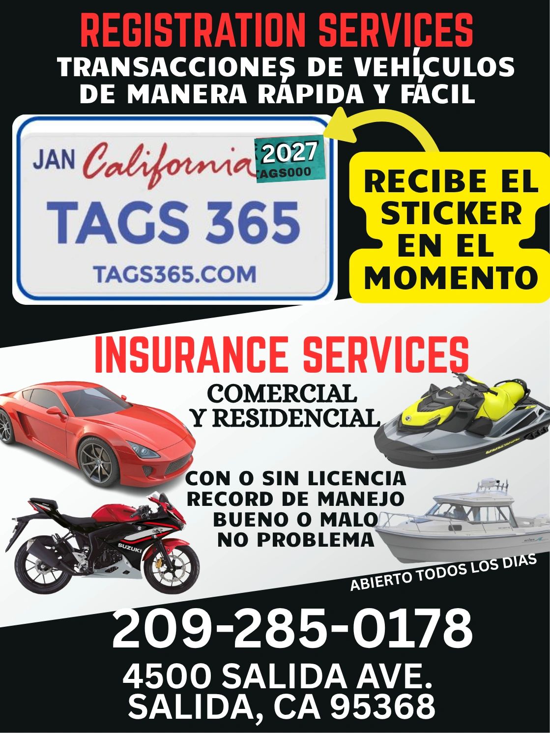 Servicios de registro e seguros para vehículos, motos, jet skis y botes en Salida, CA.