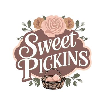 Logo with 'Sweet Pickins' text, surrounded by flowers and a basket of peaches.