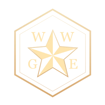 Gold emblem with a star and letters on an octagonal base.