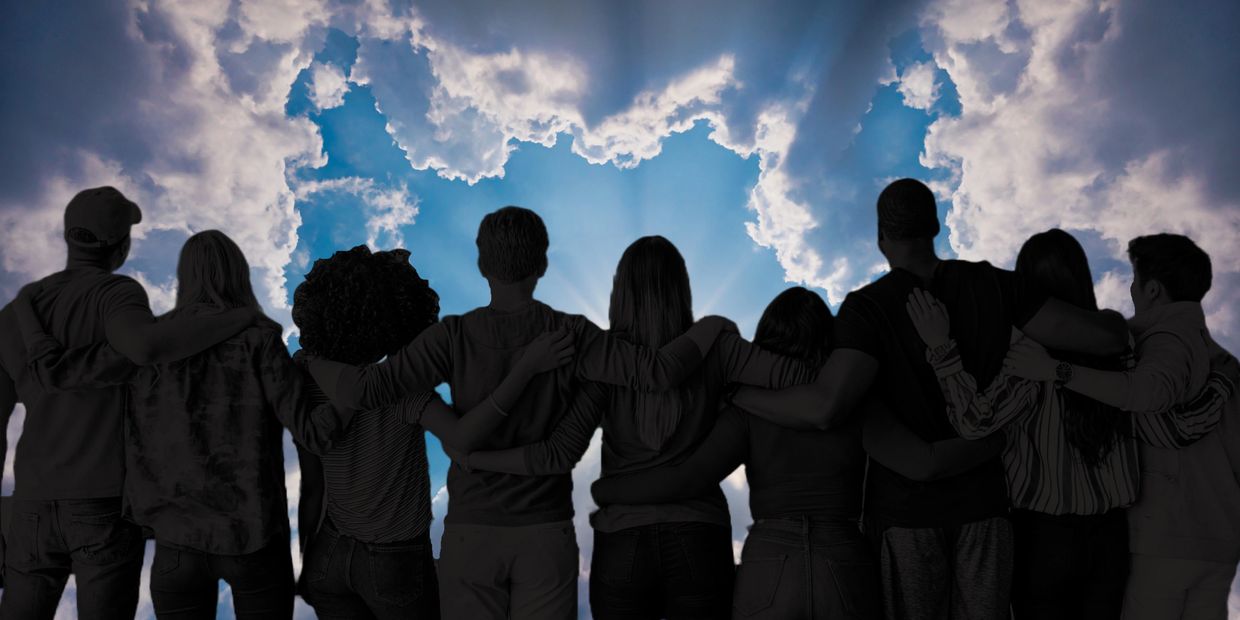 Outline of people in a row with arms interlinked, looking into the clouds.