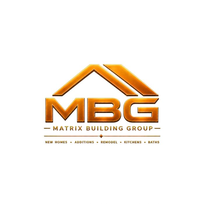 Golden logo of Matrix Building Group with a roof design and service list.