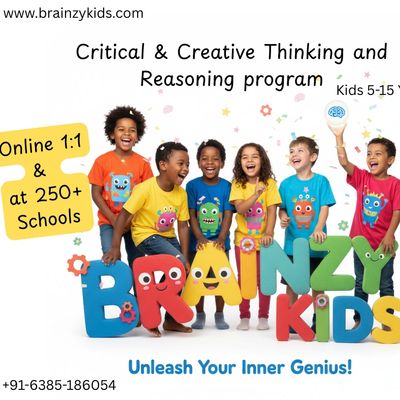 Happy kids holding colorful letters spelling 'BRAINZY KIDS' for a creative thinking program.