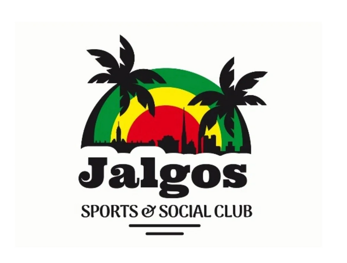 Jalgos Sports & Social Club with palm trees and colorful background.