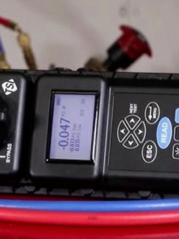 Close-up of a digital multimeter displaying a reading with red and blue cables.