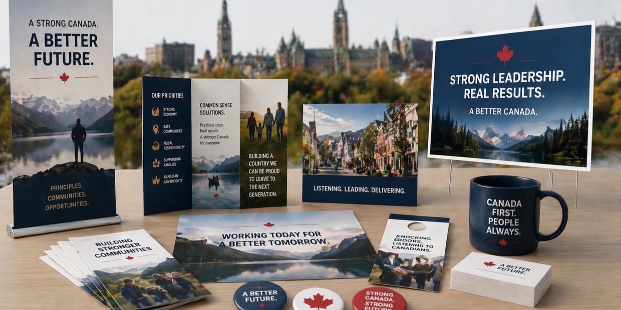 Canadian political campaign materials emphasizing strength, community, and a better future.