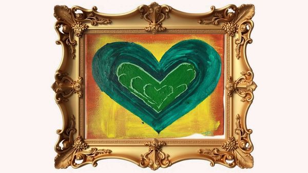 Painting of nested green hearts in an ornate gold frame.