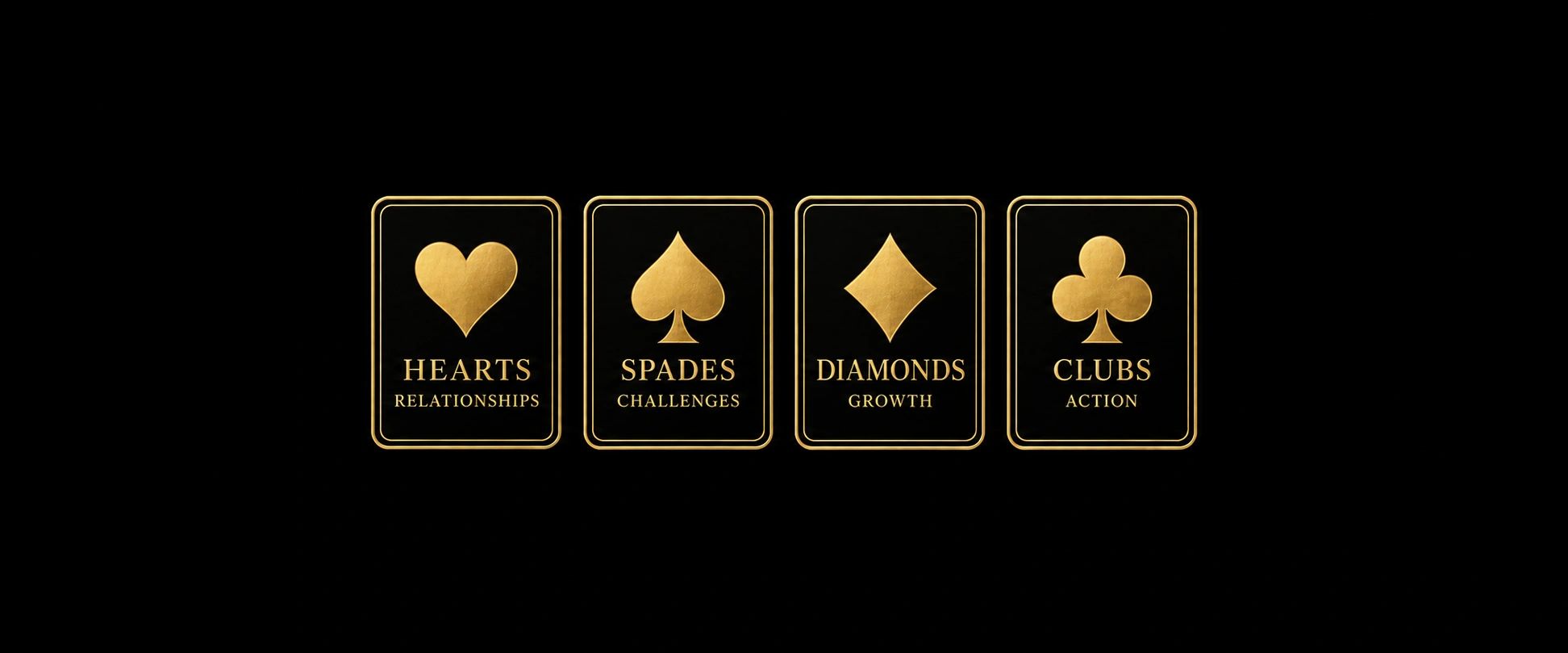 Gold card suits with meanings on black background.
