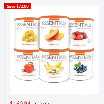 Six cans of ESSENTIALS fruit slices in various flavors arranged in two rows.