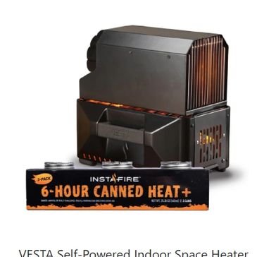 Self-powered indoor space heater with 6-hour canned heat fuel.