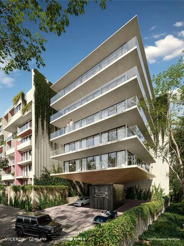 Modern multi-story residential building with large balconies and greenery.